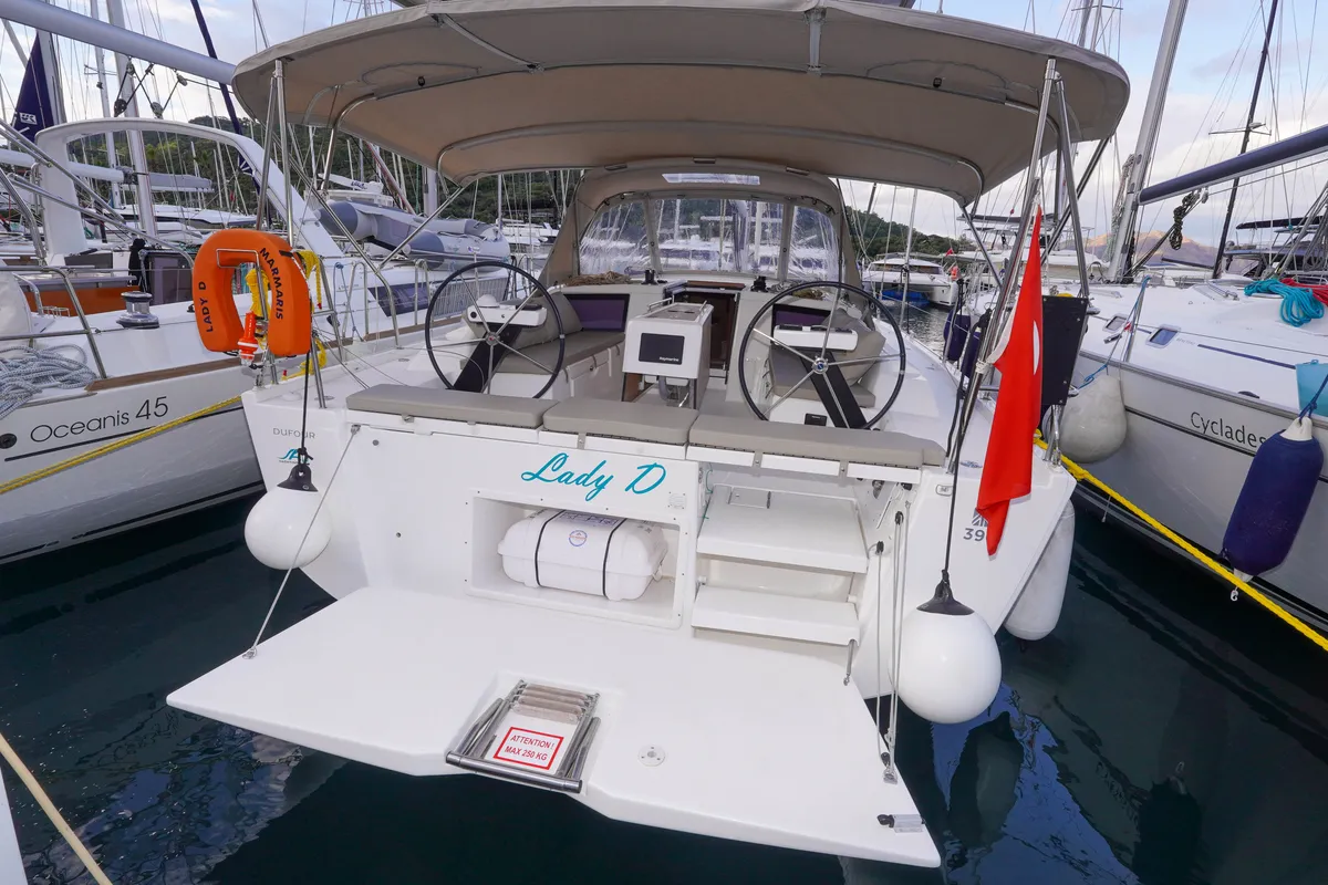 Cockpit of Lady D, a Dufour 390 sailboat at Marmaris, Turkey