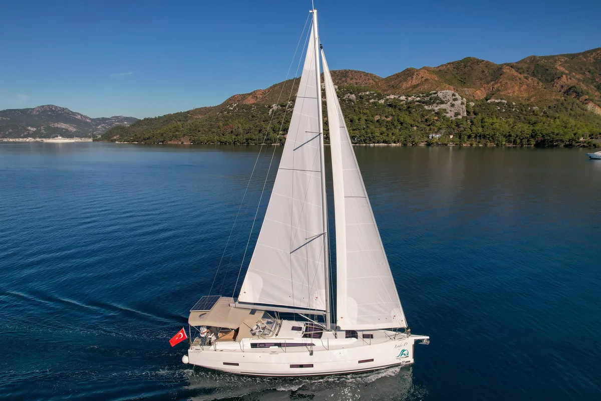 Exterior view of Lady D, a Dufour 390 sailboat at Marmaris, Turkey