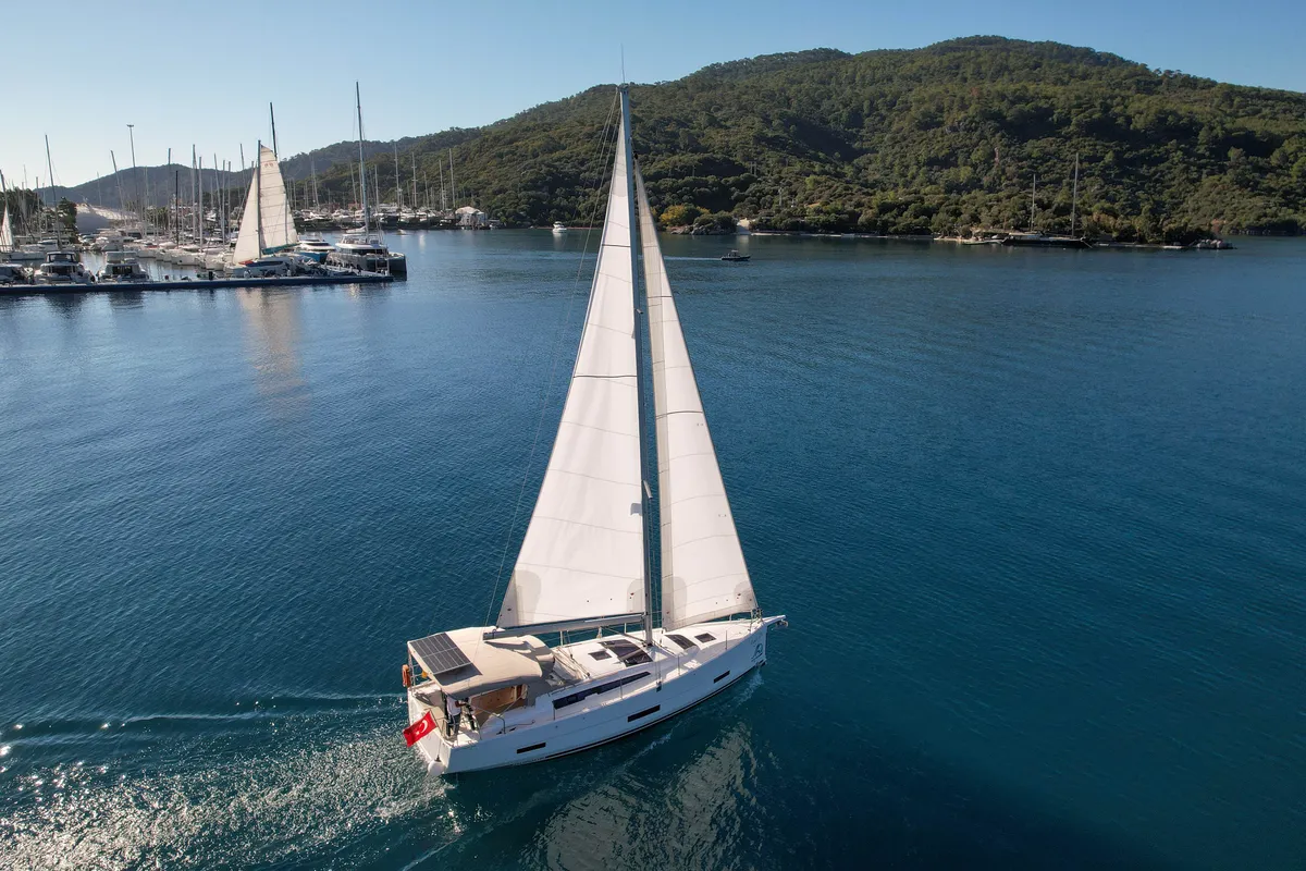 Exterior view of Lady D, a Dufour 390 sailboat at Marmaris, Turkey