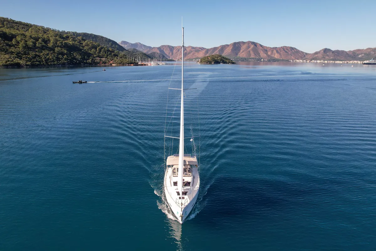 Exterior view of Lady D, a Dufour 390 sailboat at Marmaris, Turkey