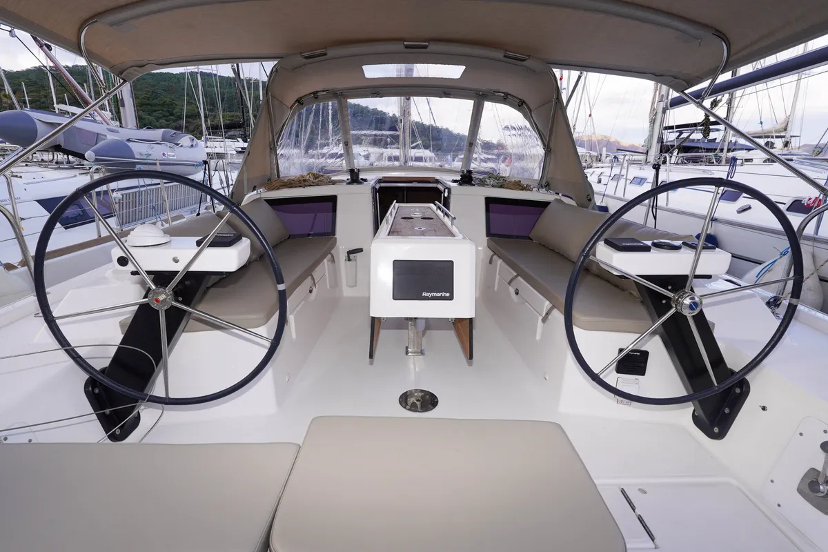 Cockpit of Lady D, a Dufour 390 sailboat at Marmaris, Turkey