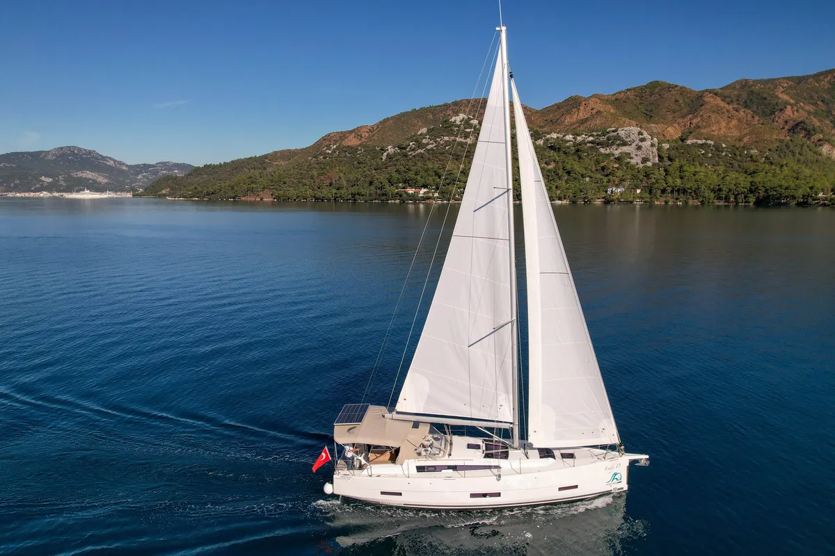 Exterior view of Lady D, a Dufour 390 sailboat at Marmaris, Turkey