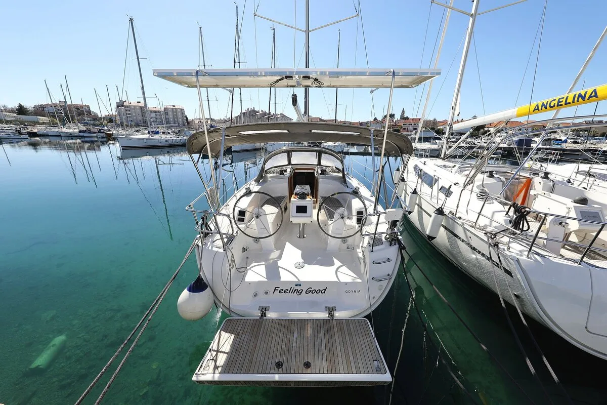 Exterior view of Feeling Good, a Bavaria Cruiser 34 sailboat at Pirovac, Croatia