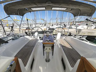 Cockpit of Feeling Good, a Bavaria Cruiser 34 sailboat at Pirovac, Croatia