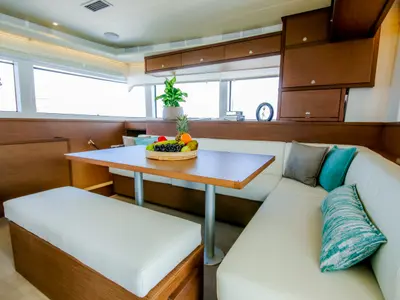 Salon of ELVIRA 52, a Lagoon 52F catamaran at Athens, Greece