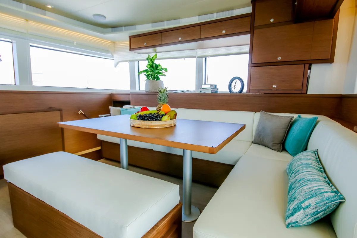 Salon of ELVIRA 52, a Lagoon 52F catamaran at Athens, Greece