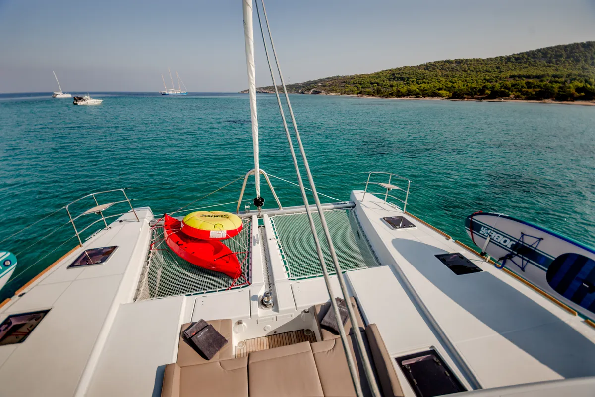 Deck of ELVIRA 52, a Lagoon 52F catamaran at Athens, Greece