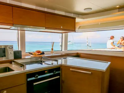 Galley of ELVIRA 52, a Lagoon 52F catamaran at Athens, Greece