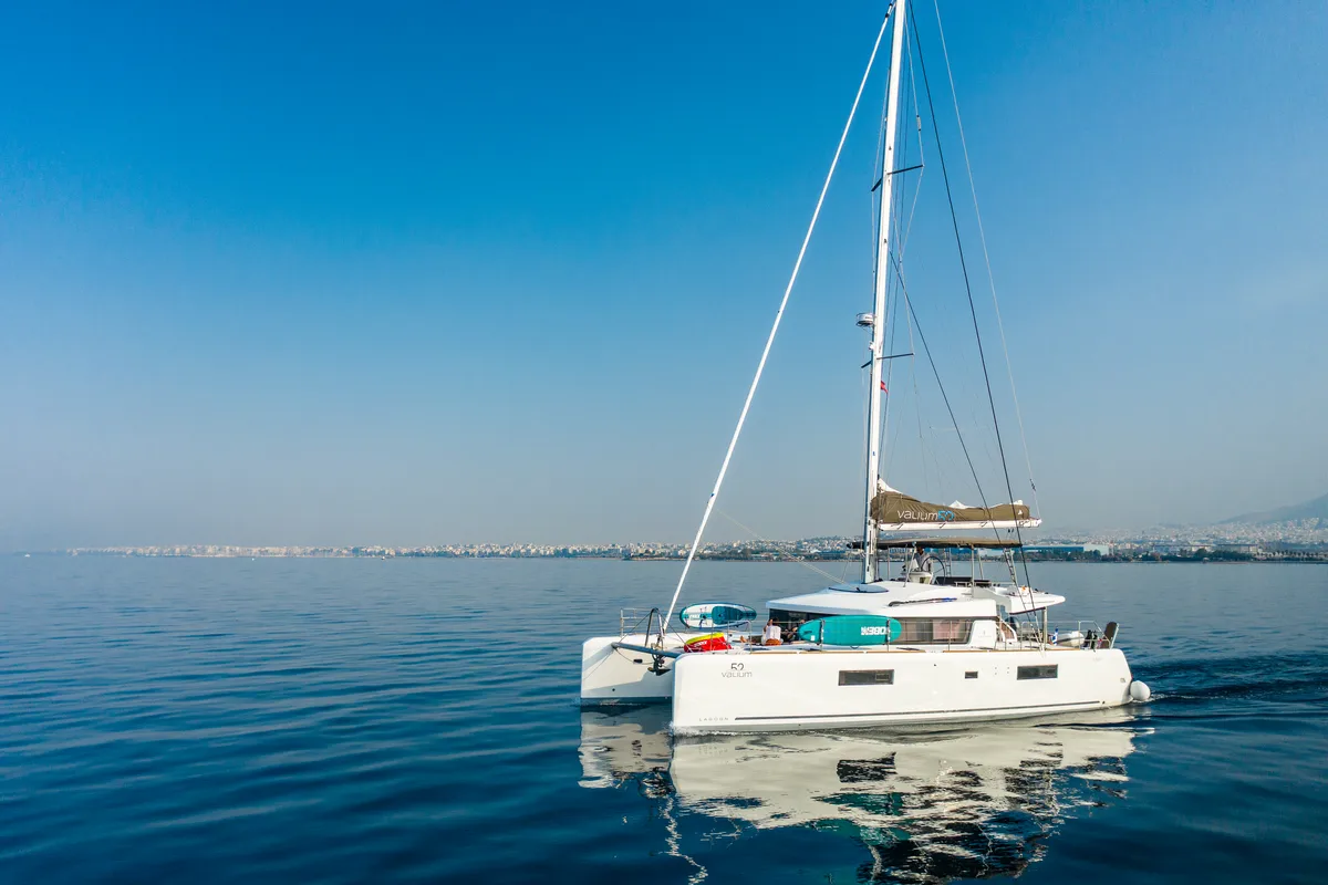 Exterior view of ELVIRA 52, a Lagoon 52F catamaran at Athens, Greece