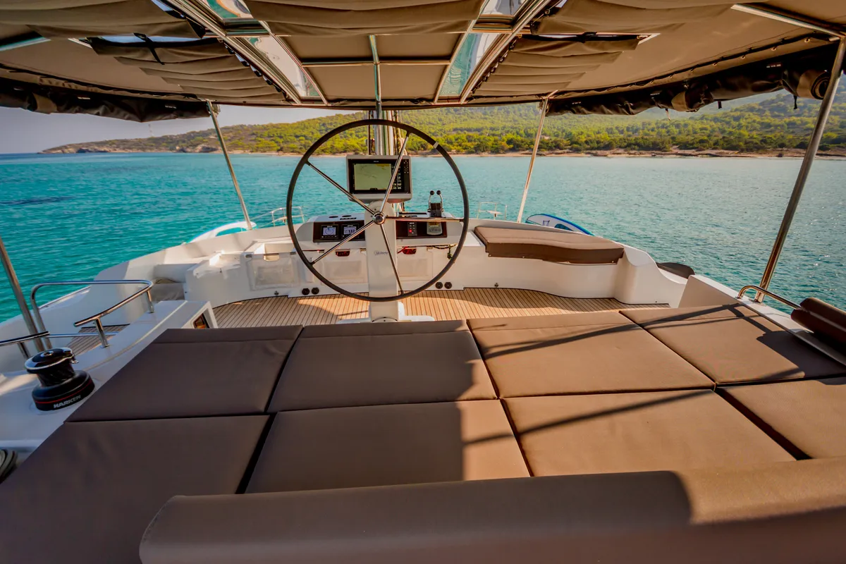Cockpit of ELVIRA 52, a Lagoon 52F catamaran at Athens, Greece