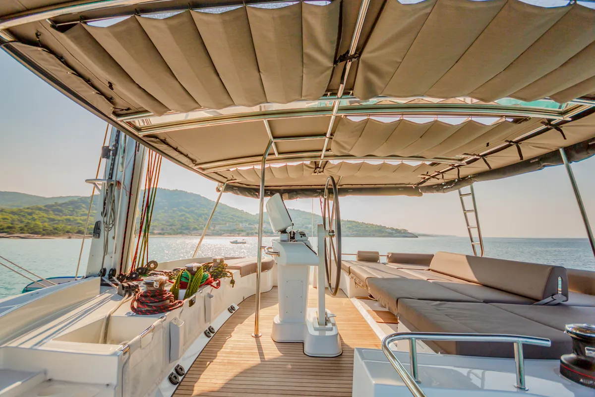 Deck of ELVIRA 52, a Lagoon 52F catamaran at Athens, Greece