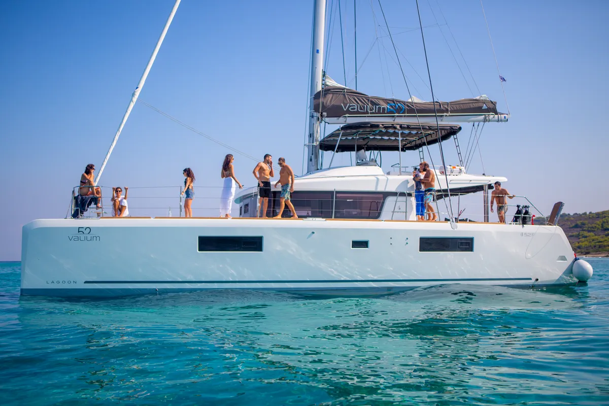 Exterior view of ELVIRA 52, a Lagoon 52F catamaran at Athens, Greece