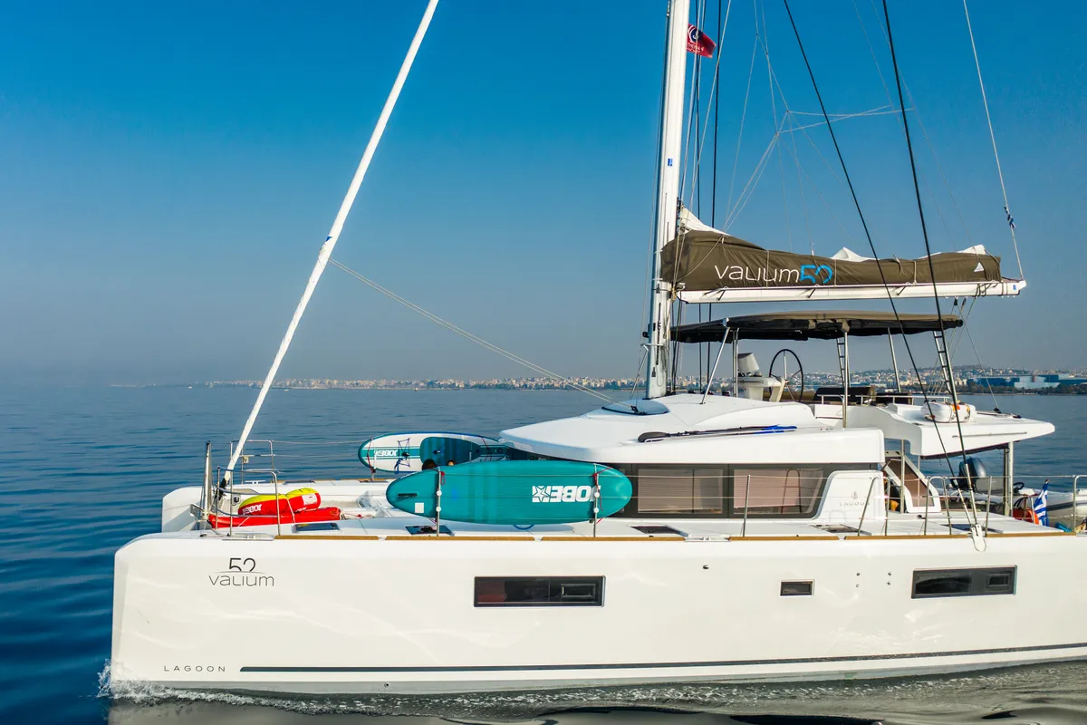 Exterior view of ELVIRA 52, a Lagoon 52F catamaran at Athens, Greece