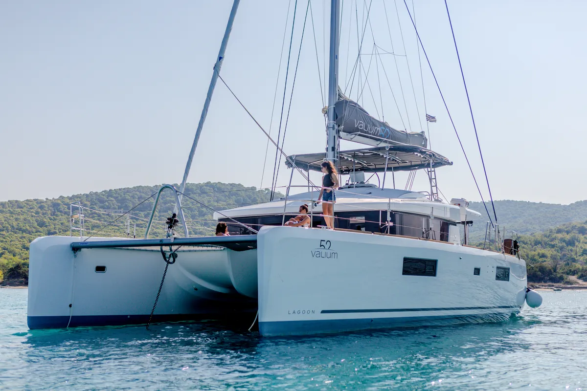 Exterior view of ELVIRA 52, a Lagoon 52F catamaran at Athens, Greece