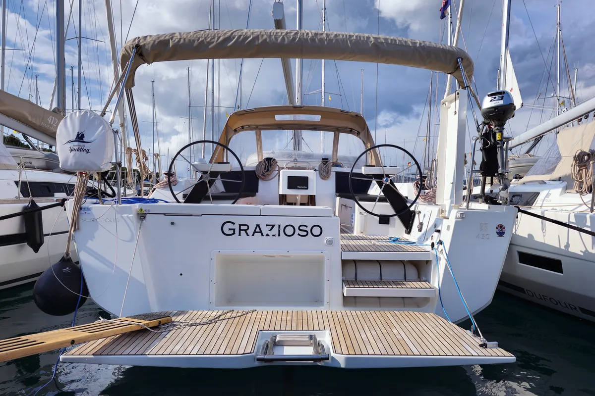 Exterior view of Grazioso, a Dufour 430 GL sailboat at Rogoznica, Croatia