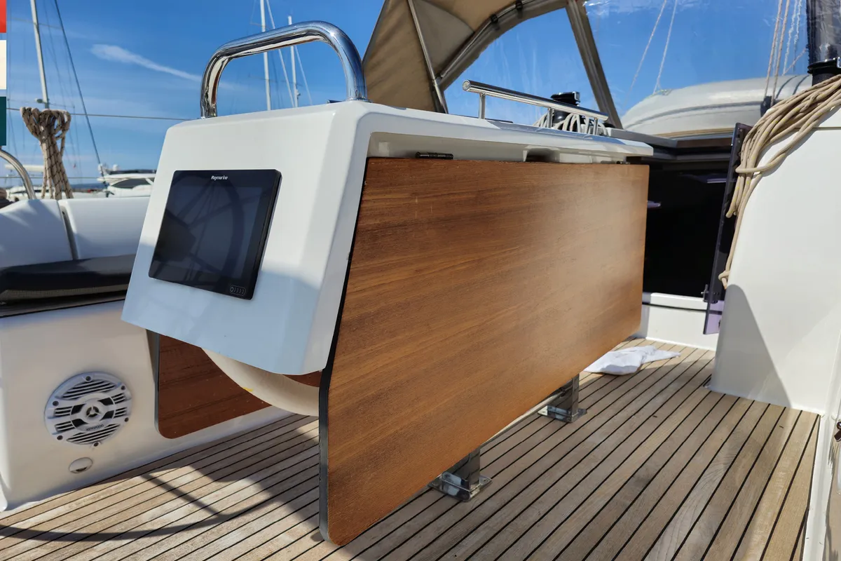 Deck of Grazioso, a Dufour 430 GL sailboat at Rogoznica, Croatia