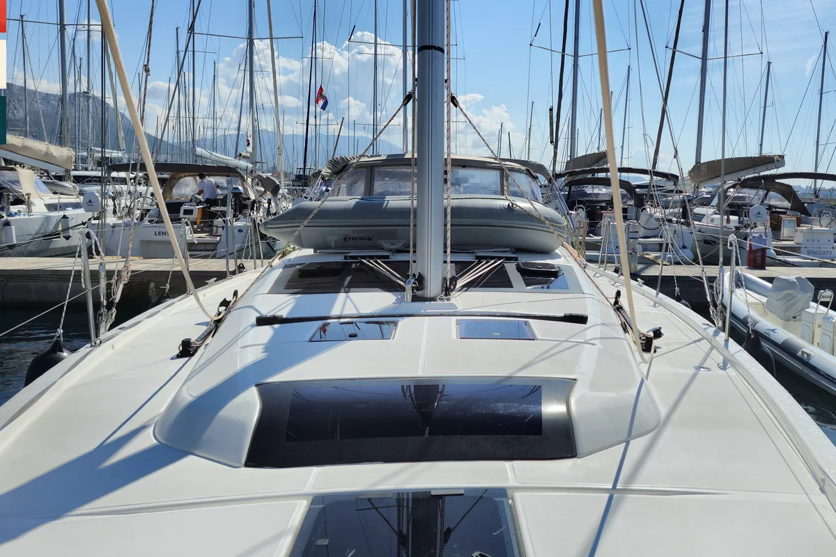 Deck of Grazioso, a Dufour 430 GL sailboat at Rogoznica, Croatia