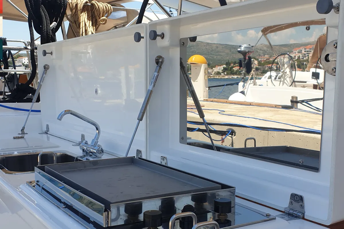Deck of Grazioso, a Dufour 430 GL sailboat at Rogoznica, Croatia