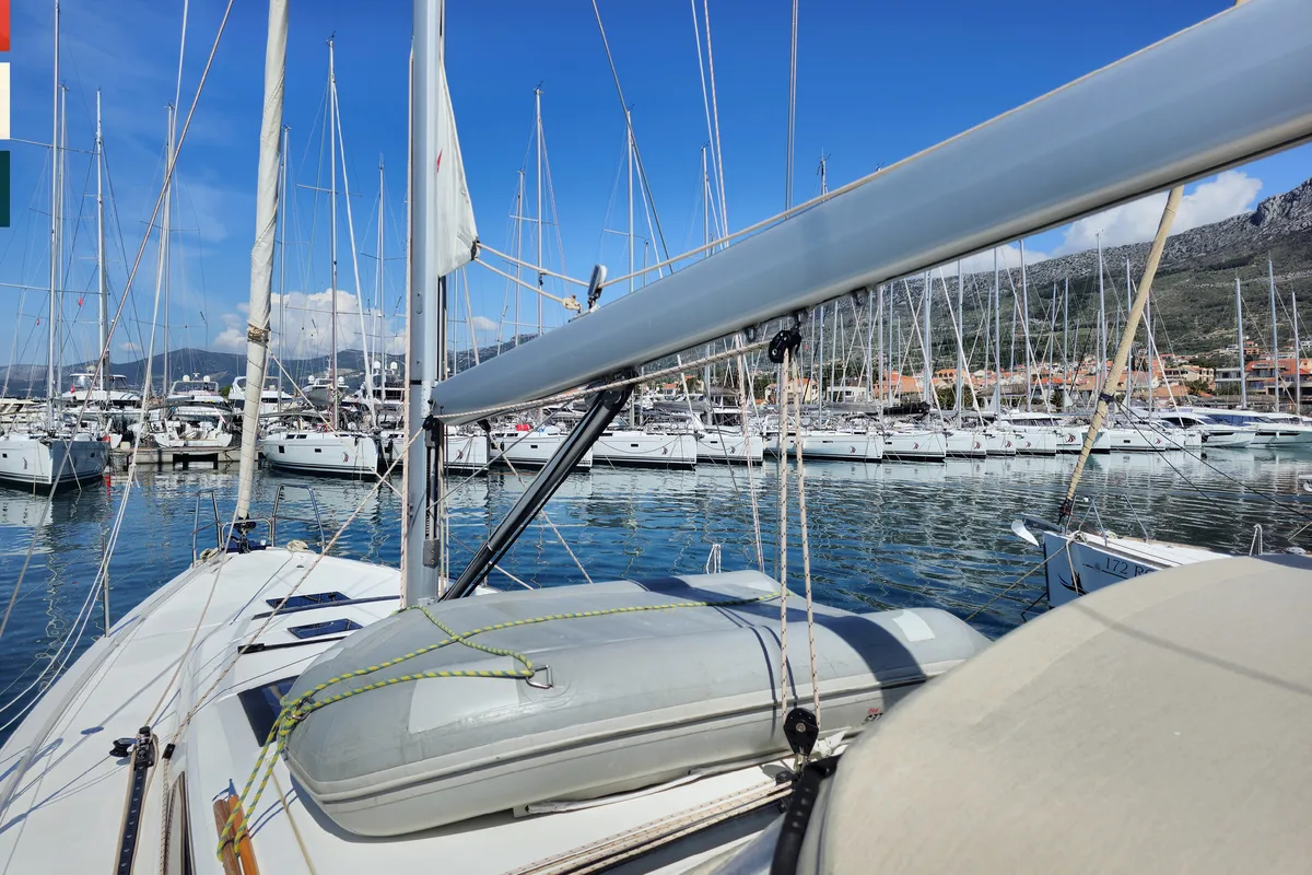 Deck of Grazioso, a Dufour 430 GL sailboat at Rogoznica, Croatia