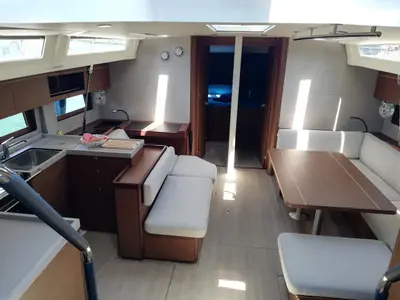 Salon of San Blas, a Beneteau Oceanis 51.1 sailboat at Tonnarella, Italy