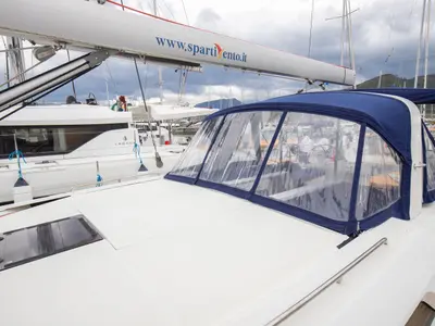 Deck of Calipso, a Beneteau Oceanis 51.1 sailboat at Salerno, Italy