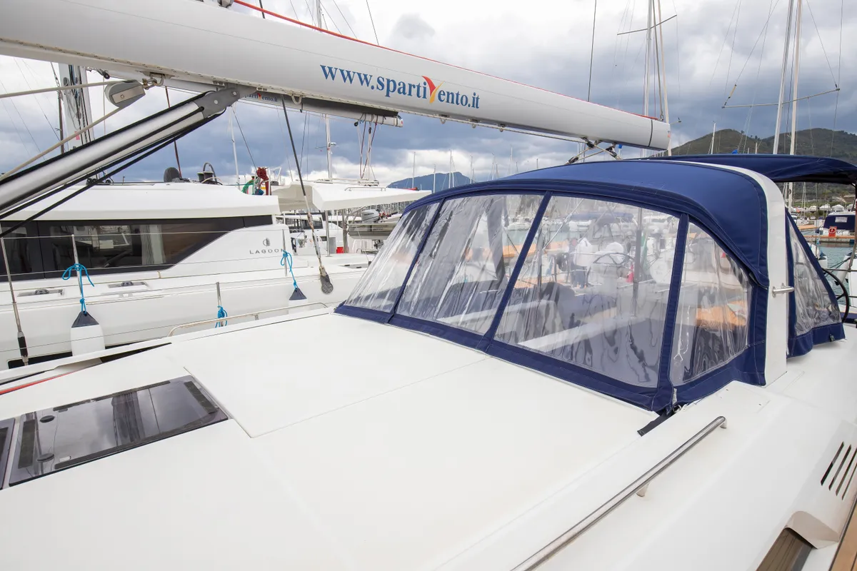 Deck of Calipso, a Beneteau Oceanis 51.1 sailboat at Salerno, Italy