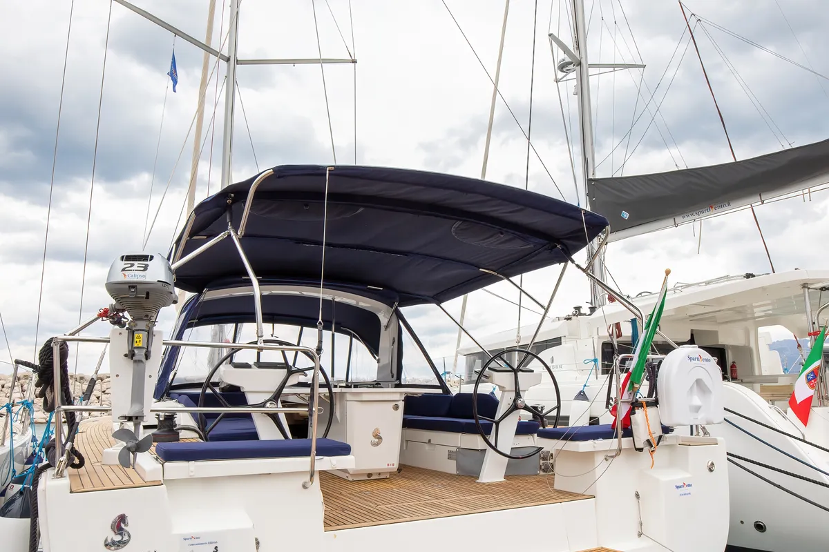 Cockpit of Calipso, a Beneteau Oceanis 51.1 sailboat at Salerno, Italy
