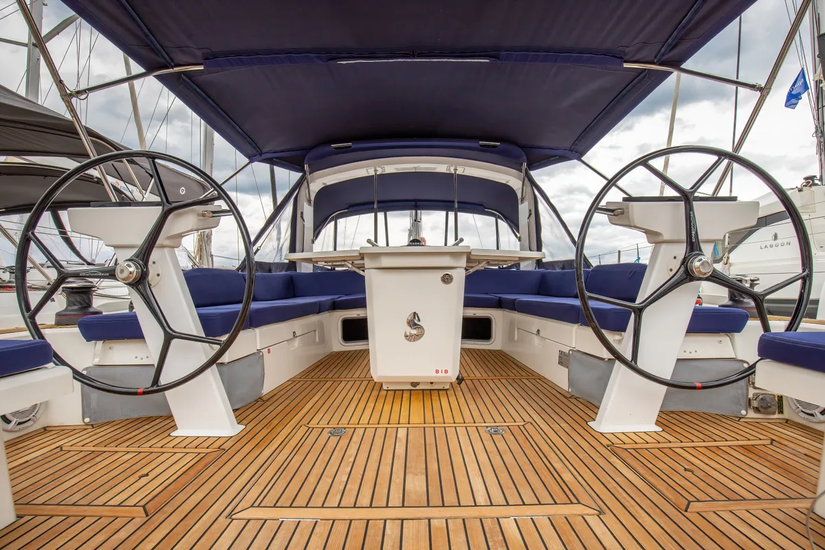 Cockpit of Calipso, a Beneteau Oceanis 51.1 sailboat at Salerno, Italy