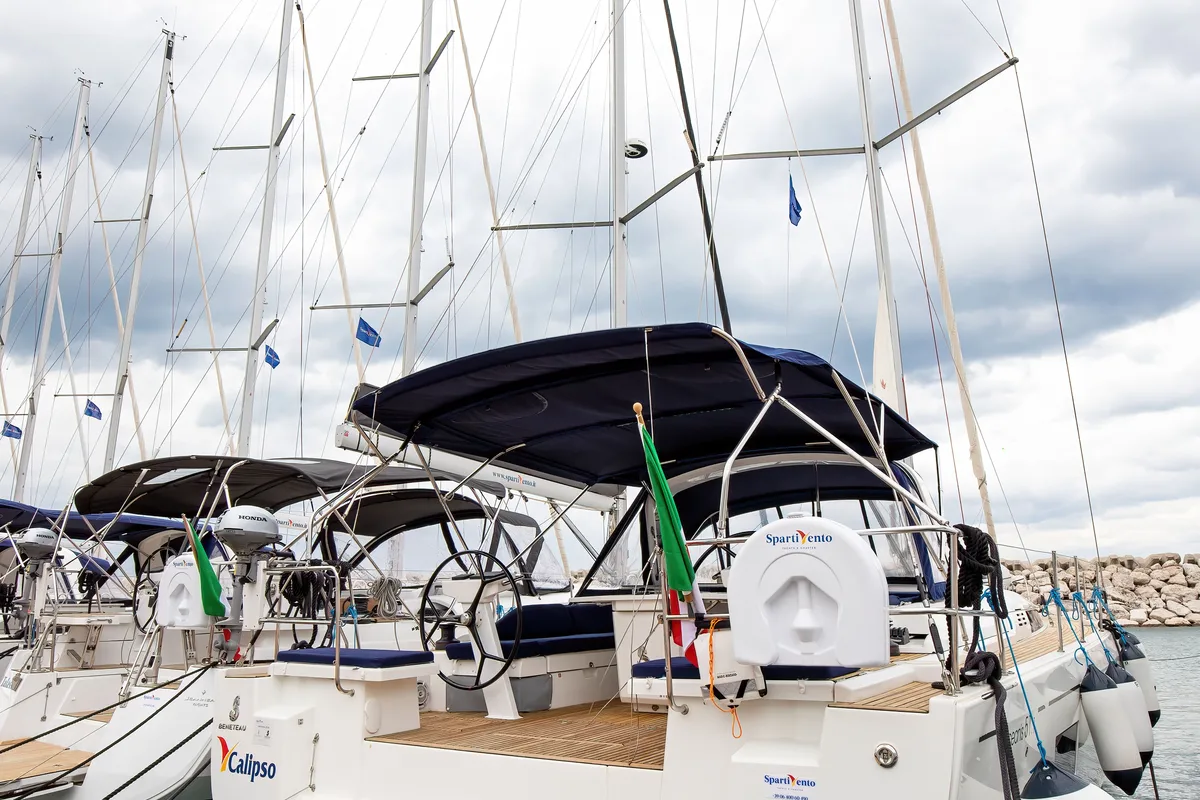 Cockpit of Calipso, a Beneteau Oceanis 51.1 sailboat at Salerno, Italy
