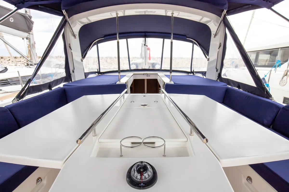 Cockpit of Calipso, a Beneteau Oceanis 51.1 sailboat at Salerno, Italy