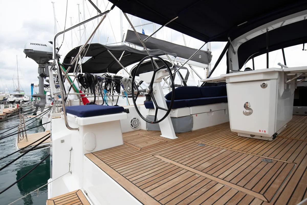 Cockpit of Calipso, a Beneteau Oceanis 51.1 sailboat at Salerno, Italy