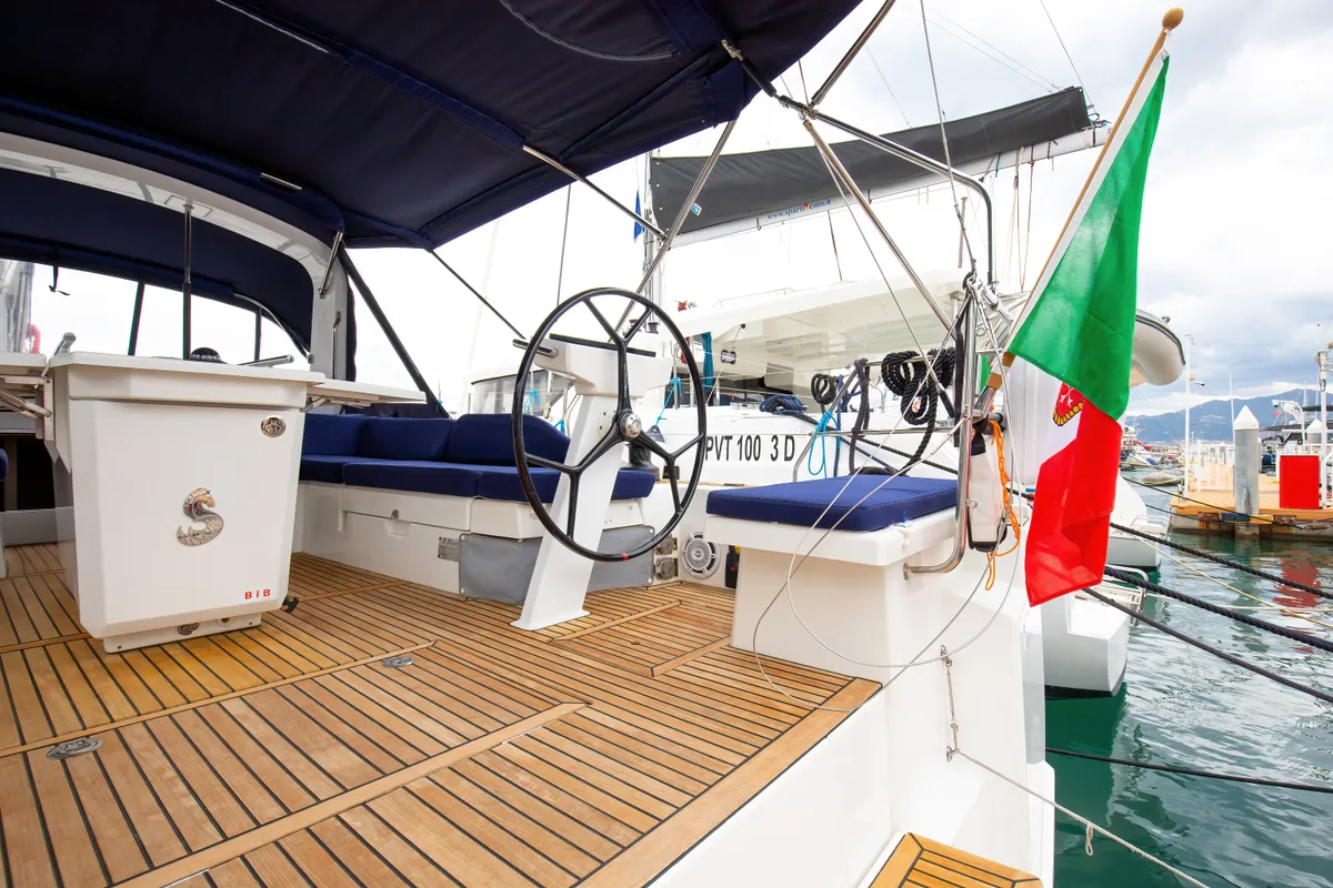 Cockpit of Calipso, a Beneteau Oceanis 51.1 sailboat at Salerno, Italy