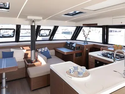 Galley of Harmony Planet, a Nautitech 46 Fly catamaran at Tonnarella, Italy