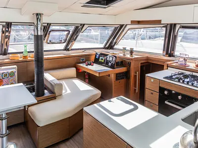 Cockpit of Harmony Planet, a Nautitech 46 Fly catamaran at Tonnarella, Italy