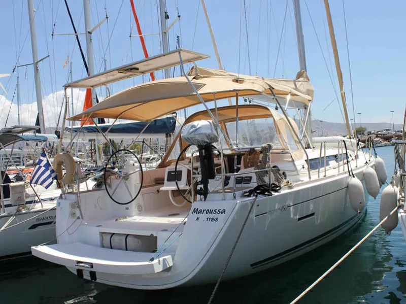 Exterior view of Maroussa, a Dufour 450 Grand Large sailboat at Athens, Greece