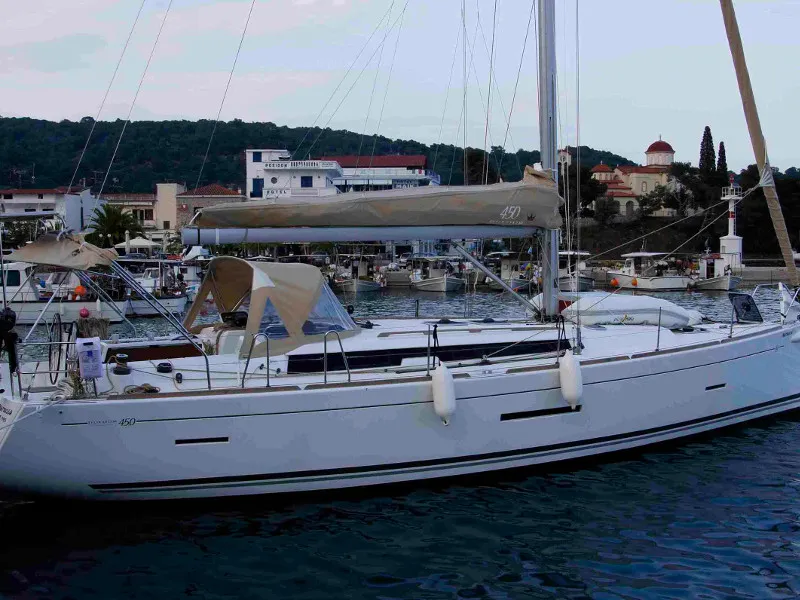 Exterior view of Maroussa, a Dufour 450 Grand Large sailboat at Athens, Greece