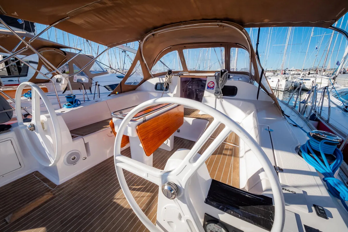 Cockpit of Amiya, a Elan Impression 45 sailboat at Grad Biograd na Moru, Croatia