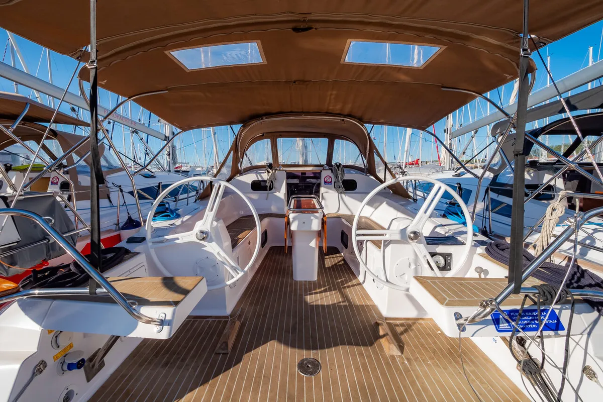 Cockpit of Amiya, a Elan Impression 45 sailboat at Grad Biograd na Moru, Croatia