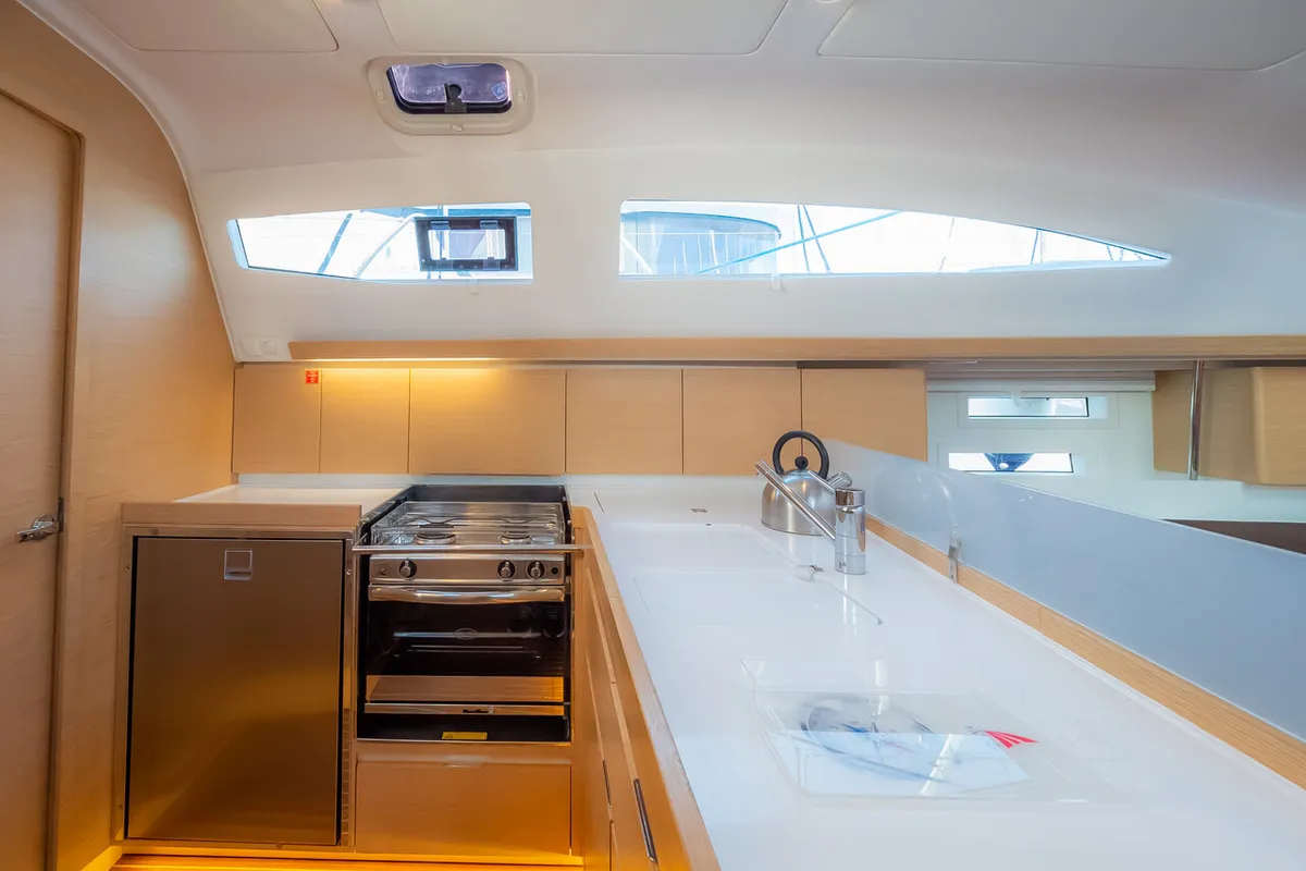 Galley of Amiya, a Elan Impression 45 sailboat at Grad Biograd na Moru, Croatia
