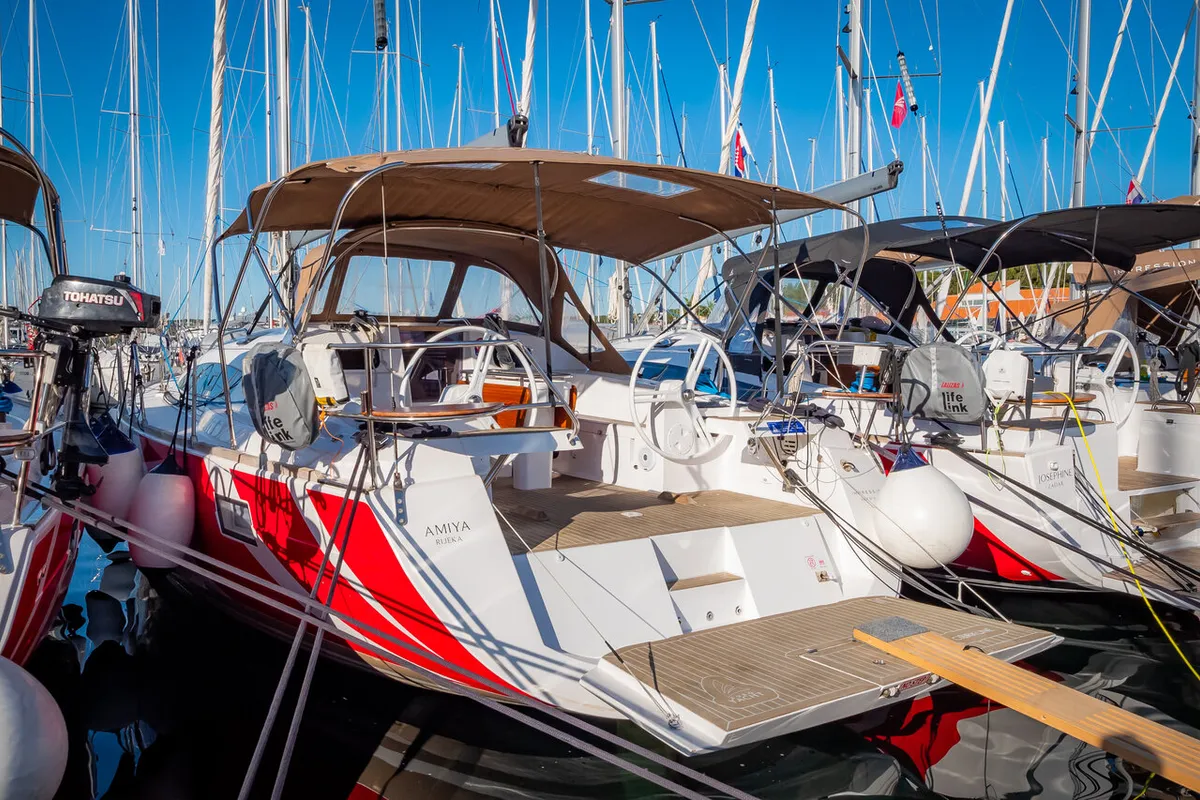 Exterior view of Amiya, a Elan Impression 45 sailboat at Grad Biograd na Moru, Croatia