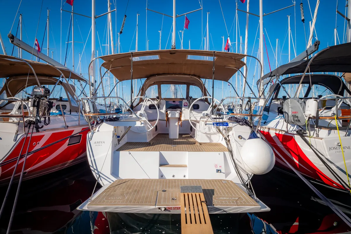 Exterior view of Amiya, a Elan Impression 45 sailboat at Grad Biograd na Moru, Croatia