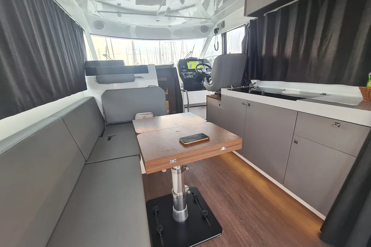 Salon of Furiosa, a Beneteau Antares 11 Fly OB motorboat at Grad Šibenik, Croatia