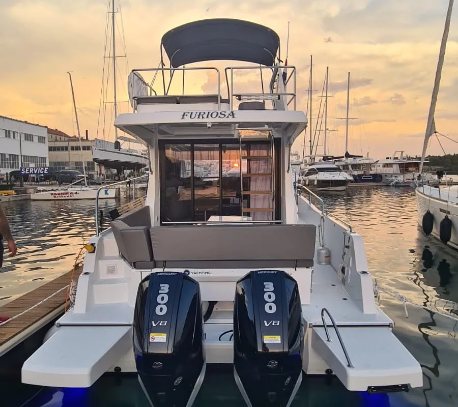 Exterior view of Furiosa, a Beneteau Antares 11 Fly OB motorboat at Grad Šibenik, Croatia