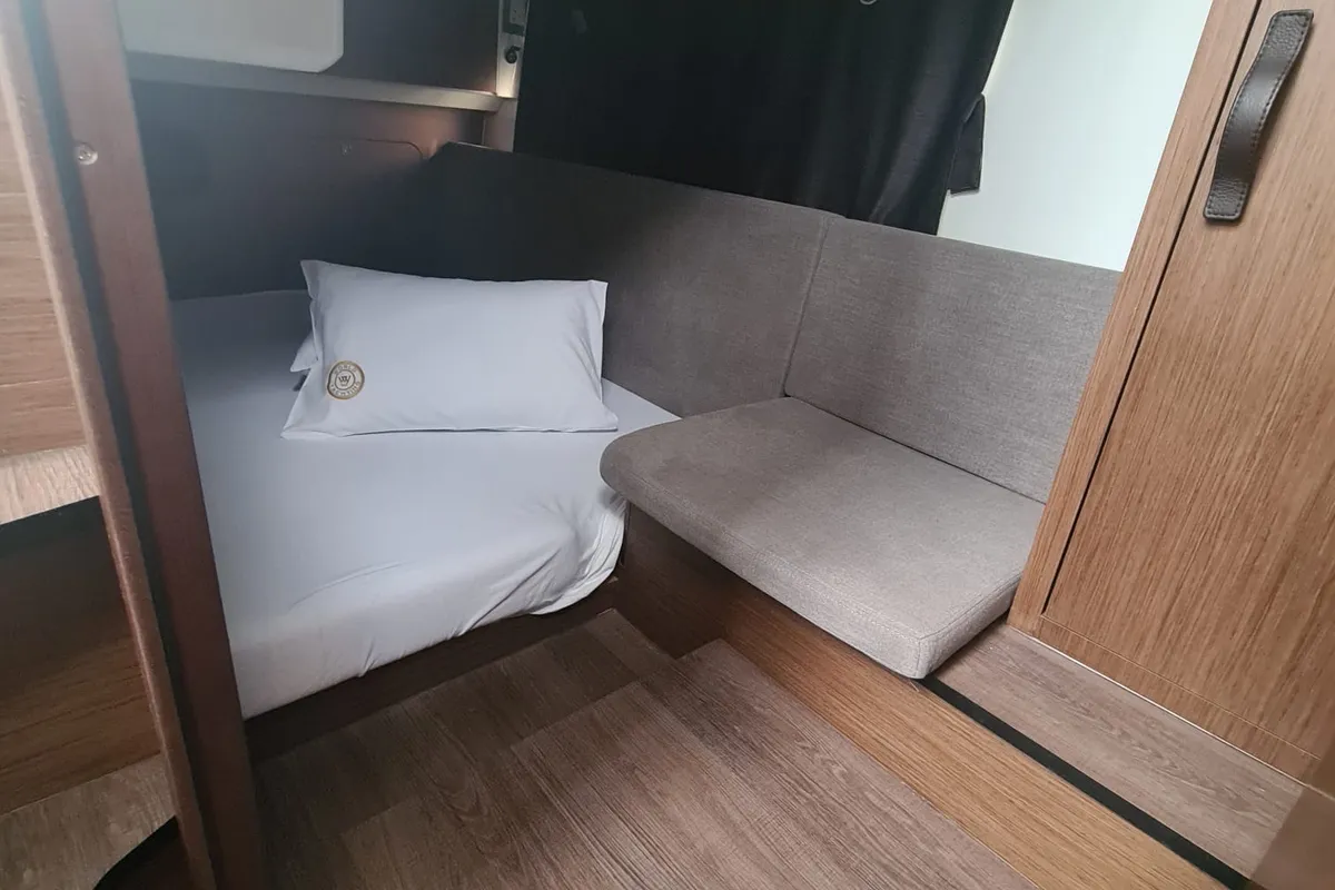 Cabin on Furiosa, a Beneteau Antares 11 Fly OB motorboat at Grad Šibenik, Croatia