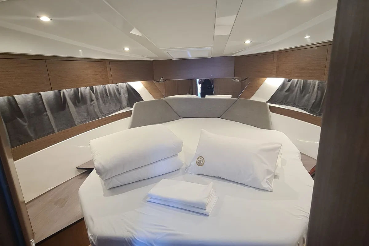 Cabin on Furiosa, a Beneteau Antares 11 Fly OB motorboat at Grad Šibenik, Croatia