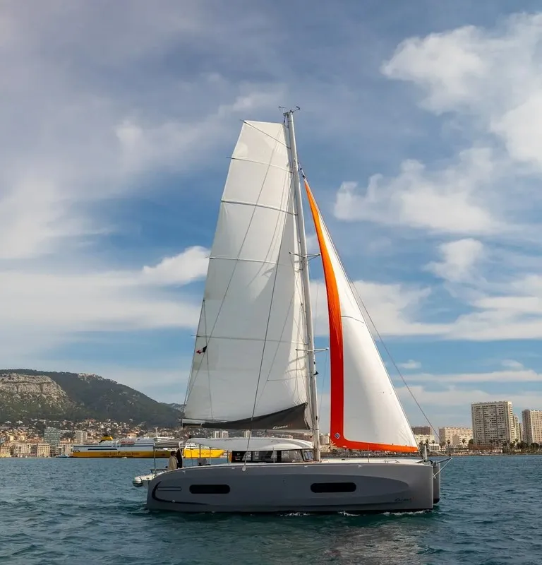 Exterior view of Lom, a Excess 11 catamaran at Toulon, France