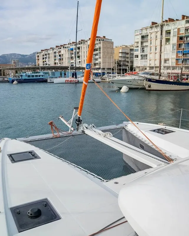 Deck of Lom, a Excess 11 catamaran at Toulon, France