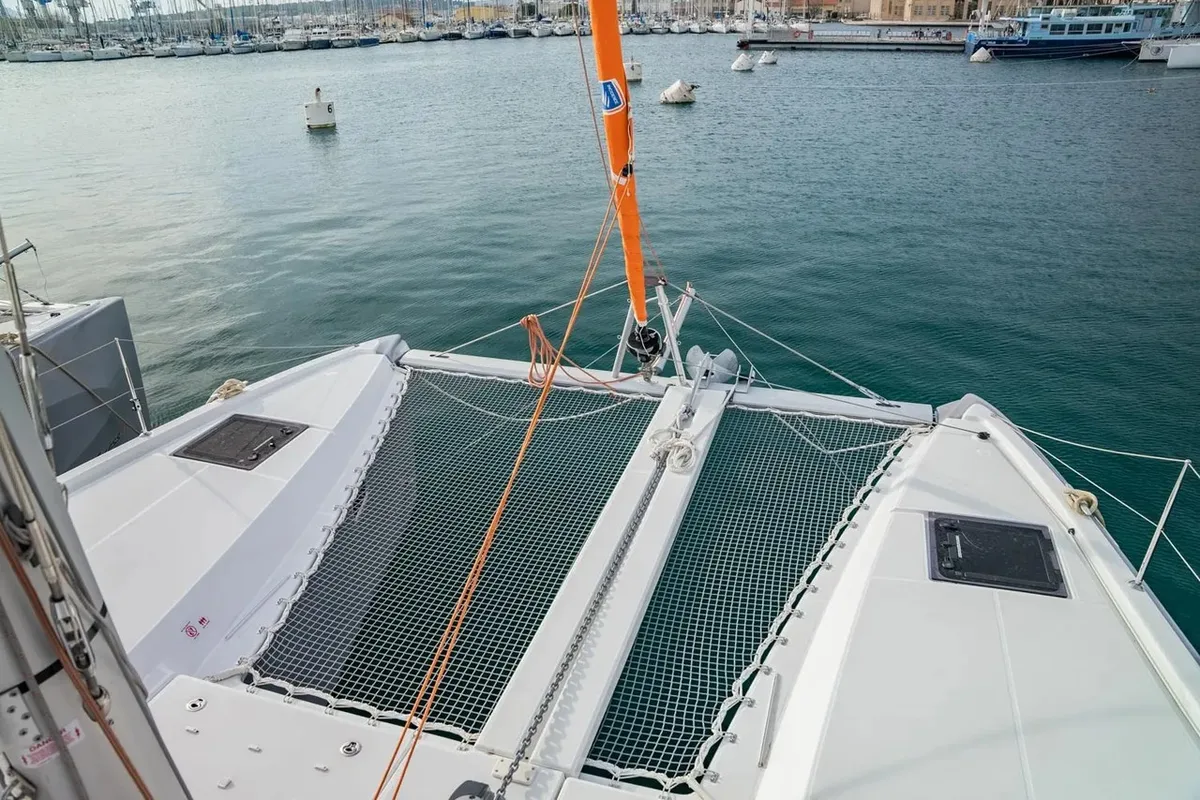 Deck of Lom, a Excess 11 catamaran at Toulon, France