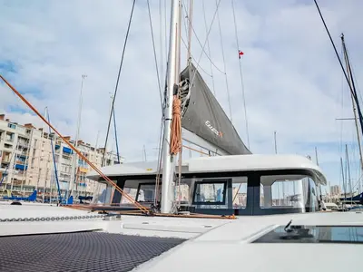 Deck of Lom, a Excess 11 catamaran at Toulon, France