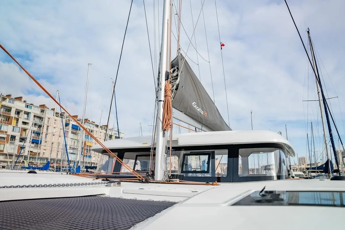 Deck of Lom, a Excess 11 catamaran at Toulon, France